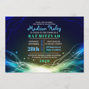 GLOWWING NEON Stars Bar Mitzvah Invitation bleu