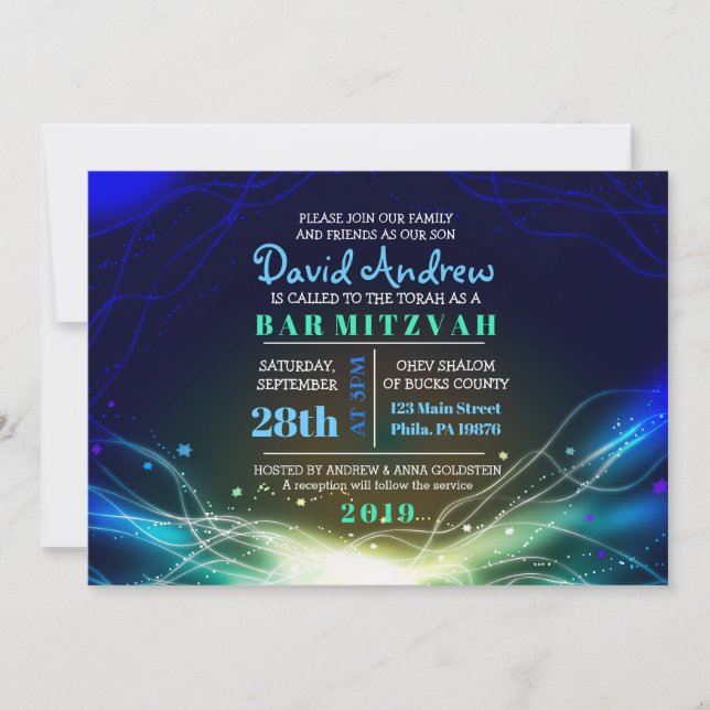 GLOWWING NEON STARS Bar Mitzvah Invitation bleu (Devant)