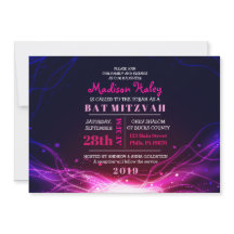 GLOWWING NEON STARS FUSCHIA Bat mitzvah Invitation