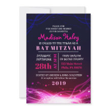 GLOWWING NEON STARS FUSCHIA Bat mitzvah Invitation