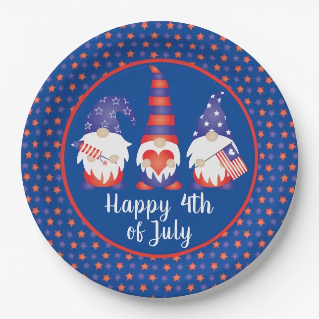 Glück 4. Juli Gnomes Red White Blue Pappteller (Vorderseite)