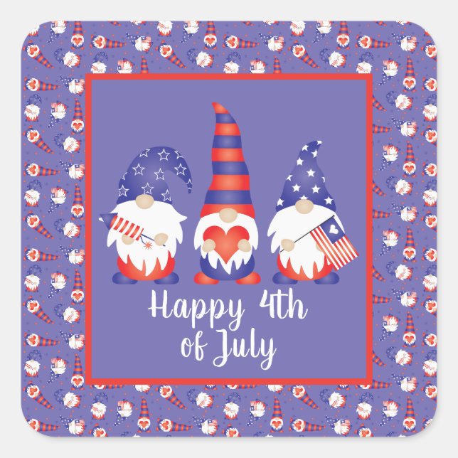 Glück 4. Juli Gnomes Red White Blue Quadratischer Aufkleber (Vorderseite)