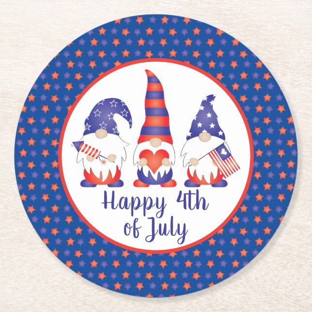 Glück 4. Juli Gnomes Red White Blue Runder Pappuntersetzer (Vorderseite)