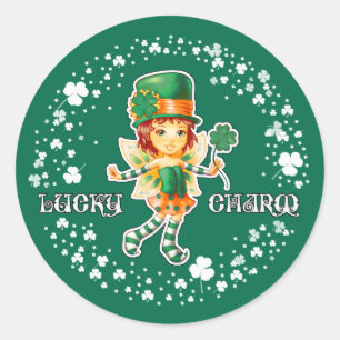 Glück Charm. Fairy Irish Girl St.Patrick's Day Runder Aufkleber