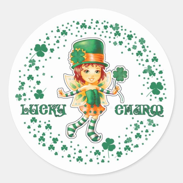 Glück Charm. Fairy Irish Girl St.Patrick's Day Runder Aufkleber (Vorderseite)