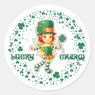 Glück Charm. Fairy Irish Girl St.Patrick's Day Runder Aufkleber