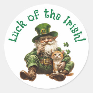 Glück der irischen Rundsticker Cat & Leprechaun Runder Aufkleber