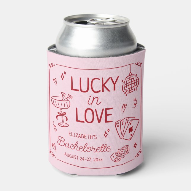 Glück in der Liebe Whimsical Hand Drawn Bacheloret Dosenkühler (Kanne Vorderseite)