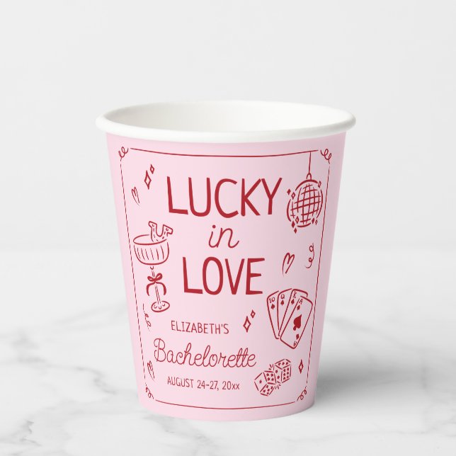 Glück in der Liebe Whimsical Hand Drawn Bacheloret Pappbecher (Vorderseite)