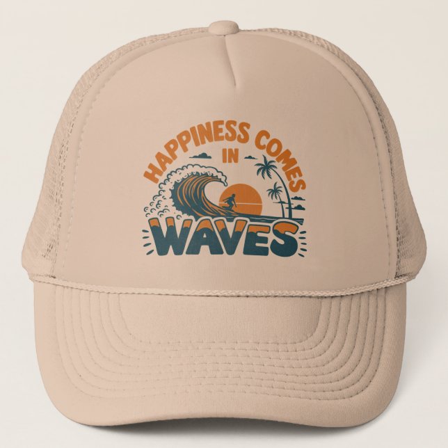 Glück kommt in Waves Retro Beach Truckerkappe (Vorderseite)