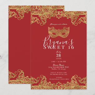 Glück Rot & Gold Spitze Maskenball Süße 16 Party Einladung