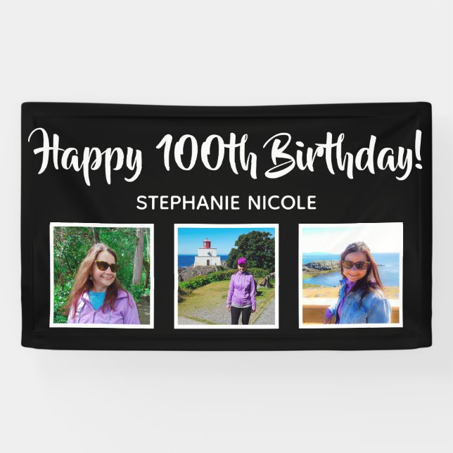 Glücklich 100. Geburtstag Schwarz Personalisiert 3 Banner (Horizontal)