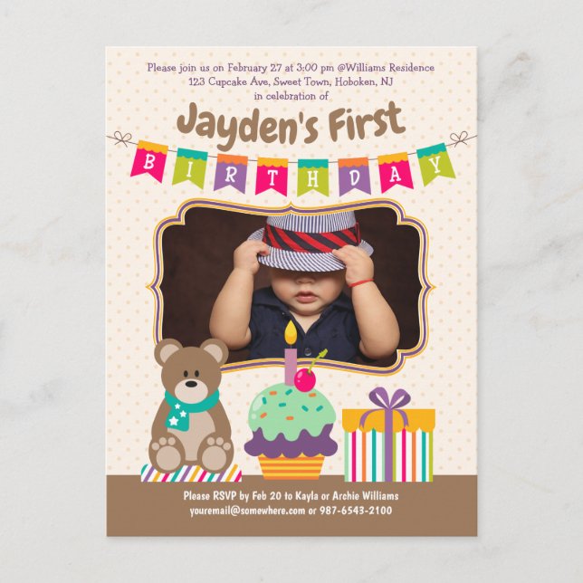 Glücklich 1. Geburtstag Teddybear Cupcake Bunting  Einladungspostkarte (Vorderseite)