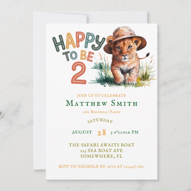 GLÜCKLICH, 2 SAFARI JUNGLE BIRTHDAY PARTY ZU SEIN EINLADUNG (Vorderseite)