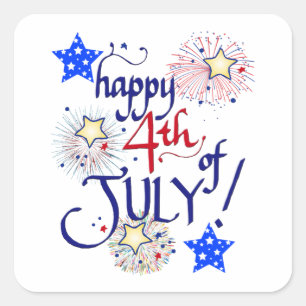 Glücklich 4. Juli! mit Feuerwerk und Sternen Quadratischer Aufkleber