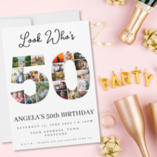 glücklich 50. Geburtstag Foto Collage Gold und wei Einladung