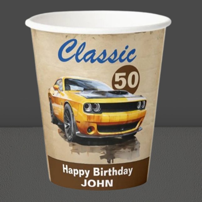 glücklich 50. Geburtstag Klassischer Muskelwagen Pappbecher (Celebrate a milestone with our stunning 50th Birthday Classic Yellow Muscle Car)