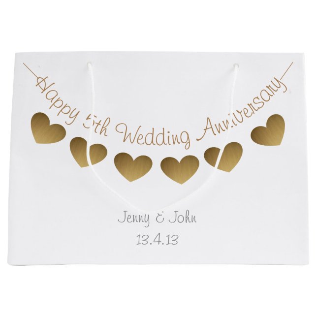 Glücklich 5. Hochzeitstag, Holzherzen Große Geschenktüte (Vorderseite)