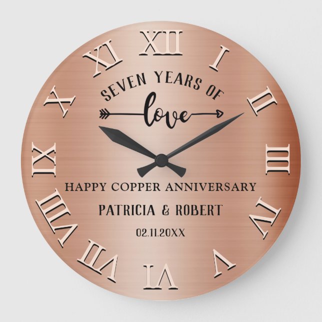 glücklich 7. Hochzeitstag Copper Jubiläum Große Wanduhr (Vorderseite)