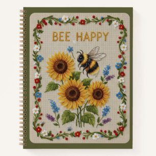 Glücklich bestickte Hummel und Sonnenblumen Blumen Notizbuch