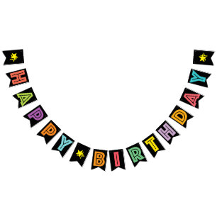 GLÜCKLICH BIRTHDAY □ MULTICOLORED AUF SCHWARZEM HI WIMPELKETTE
