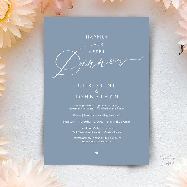 Glücklich bis ans Ende der Nacht Moderne Hochzeits Einladung (Happily Ever After Dinner Modern Wedding Reception Invitation Card Elopement PDF Dusty Blue)