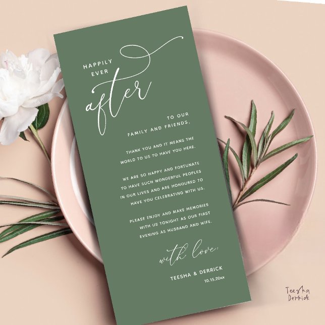 Glücklich bis ans Ende der Zeit Hochzeitsdinner Da Programm (Welcome and Thanks, Happily Ever After Modern Wedding Dinner Thank You Card in Classy Sage Green)