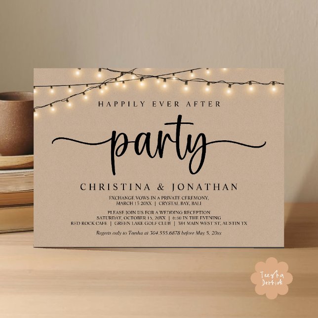 Glücklich bis ans Ende der Zeit Party, Rustikale L Einladung (Happily Ever After Party, Rustic String Lights Wed Invitation Card, Dark Brown kraft Background)