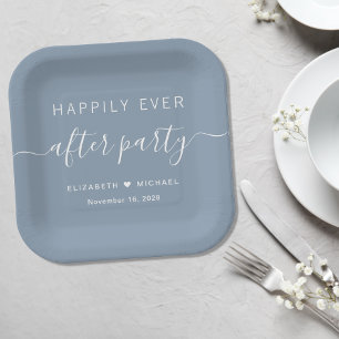Glücklich bis ans Ende in Staubblau Hochzeitsempfa Pappteller