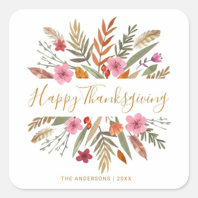 GLÜCKLICH DANKSGIVING WATERCOLOR FESTIVFALL FOLIAG QUADRATISCHER AUFKLEBER (Vorderseite)