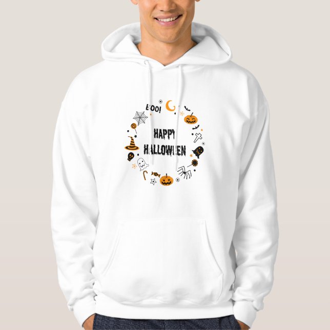 GLÜCKLICH HALLOWEEN: Illustriertes schwarzes Hallo Hoodie (Vorderseite)