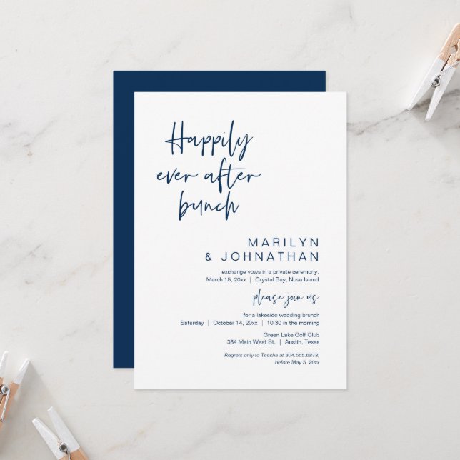 Glücklich immer nach Brunch, Elopement, Navy Blue Einladung (Vorderseite/Rückseite Beispiel)