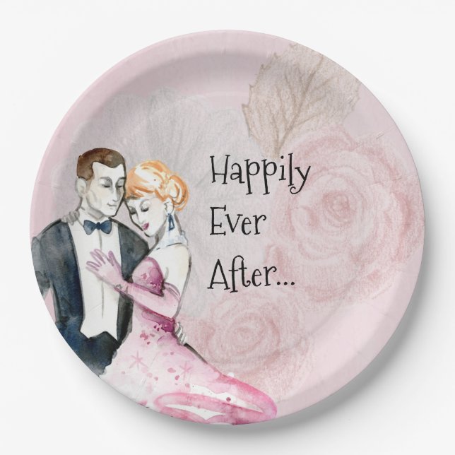 Glücklich immer nach Vintage Hochzeit Paar Pappteller (Vorderseite)