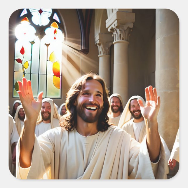 Glücklich Jesus Christus Quadratischer Aufkleber (Vorderseite)