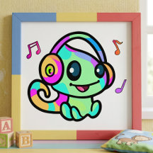 Glücklich lächelnd Baby Chamäleon mit Kopfhörer.