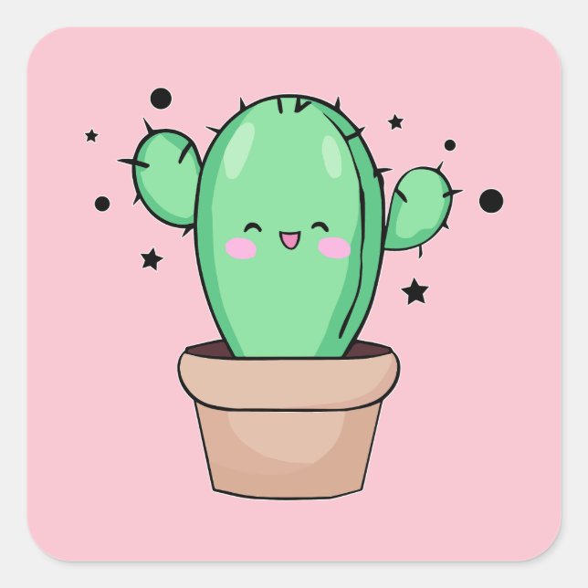 Glücklich lächelnd Baby Kaktus in Vase mit Sternen Quadratischer Aufkleber (Vorderseite)