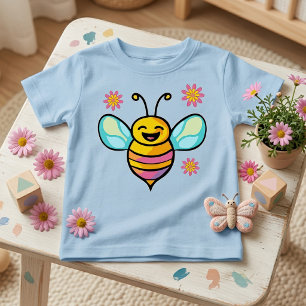 Glücklich lächelnde Babybiene mit Blume. Baby T-shirt