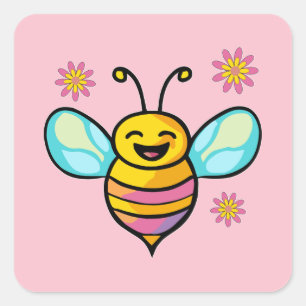 Glücklich lächelnde Babybiene mit Blume. Quadratischer Aufkleber