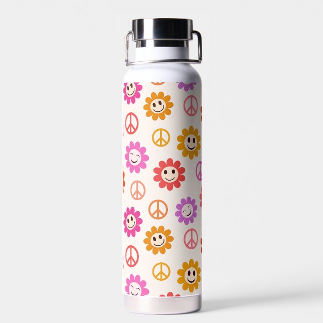 Glücklich Lächelnde Blume mit Friedenszeichen Indi Trinkflasche (Rückseite)