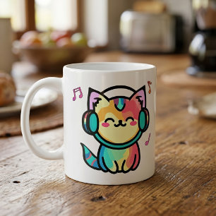 Glücklich lächelnde Fotzenkatze mit Kopfhörer. Kaffeetasse