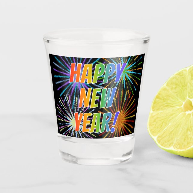 "GLÜCKLICH NEUES JAHR!" Regenbogentext, Fireworks- Schnapsglas (Vorderseite)
