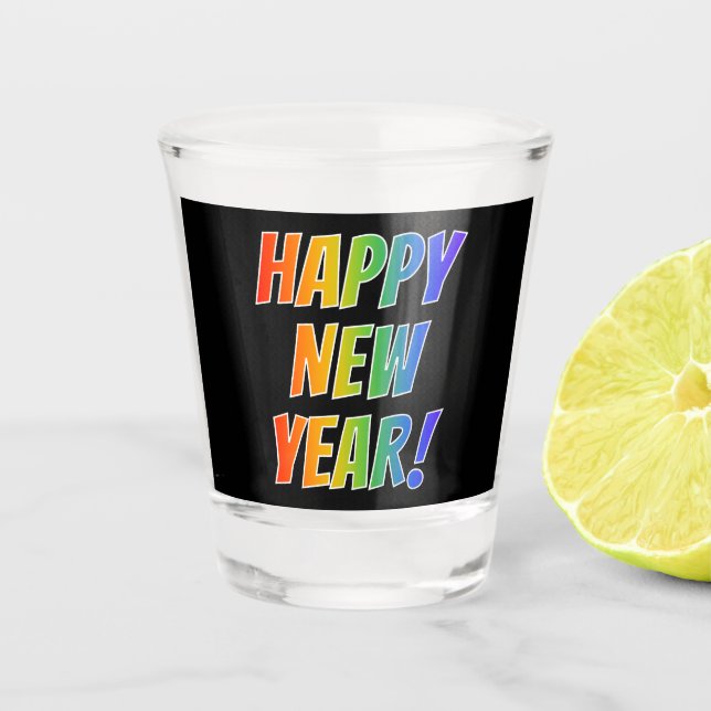 "GLÜCKLICH NEUES JAHR!" Regenbogentext Schnapsglas (Vorderseite)