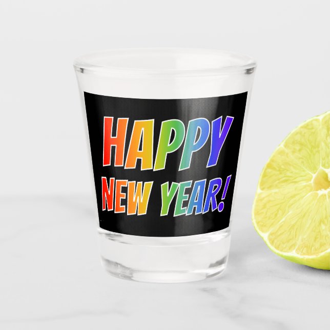 "GLÜCKLICH NEUES JAHR!" Regenbogentext, schwarzer  Schnapsglas (Vorderseite)