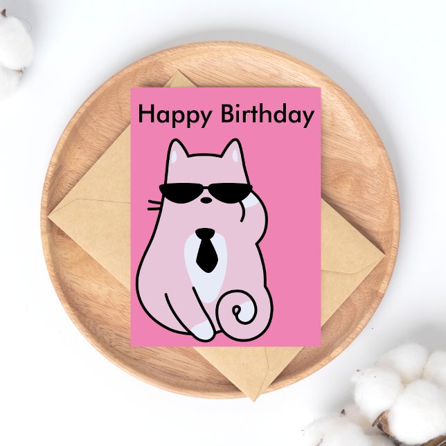 Glücklich zum Geburtstag - Coole rosa Katze Postka Postkarte (Von Creator hochgeladen)