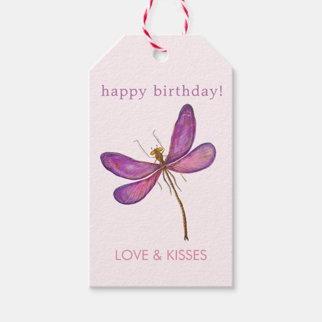 Glücklich zum Geburtstag - Elegante Lila Libelle Geschenkanhänger (Vorderseite)