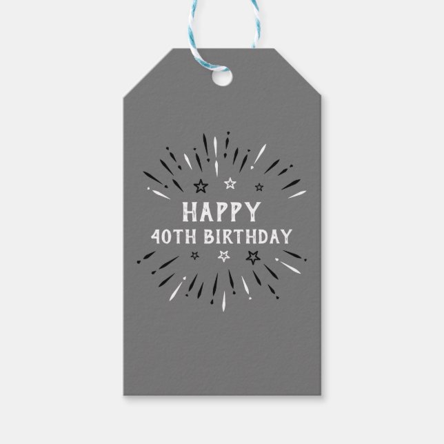 Glückliche 40. Geburtstag Feuerwerk Grau Schwarz-w Geschenkanhänger (Vorderseite)