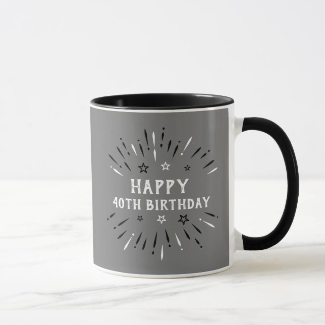 Glückliche 40. Geburtstag Feuerwerk Grau Schwarz-w Tasse (Rechts)