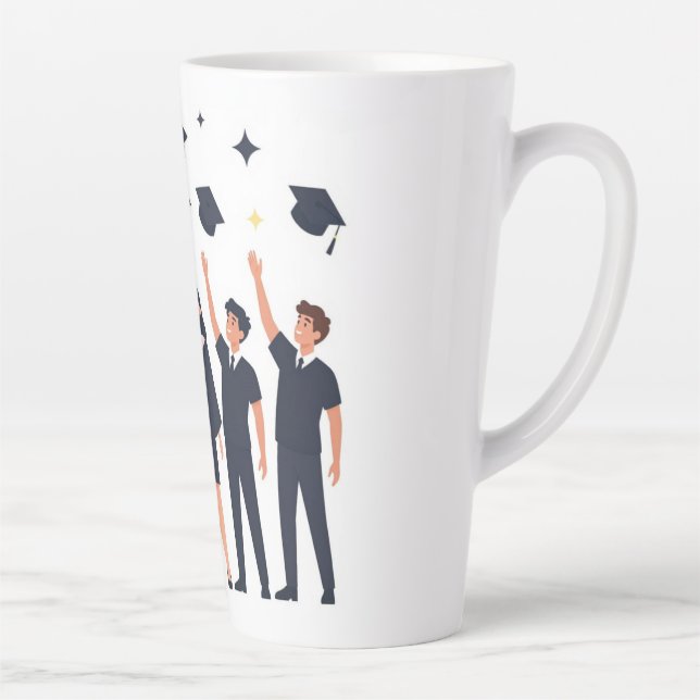 Glückliche Absolventen werfen Hüte zur Feier Milchtasse (Rechts)