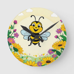 Glückliche Biene in farbenfrohen Blume Runde Wanduhr