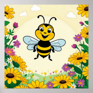 Glückliche Biene in farbenfrohen Blumen  Poster